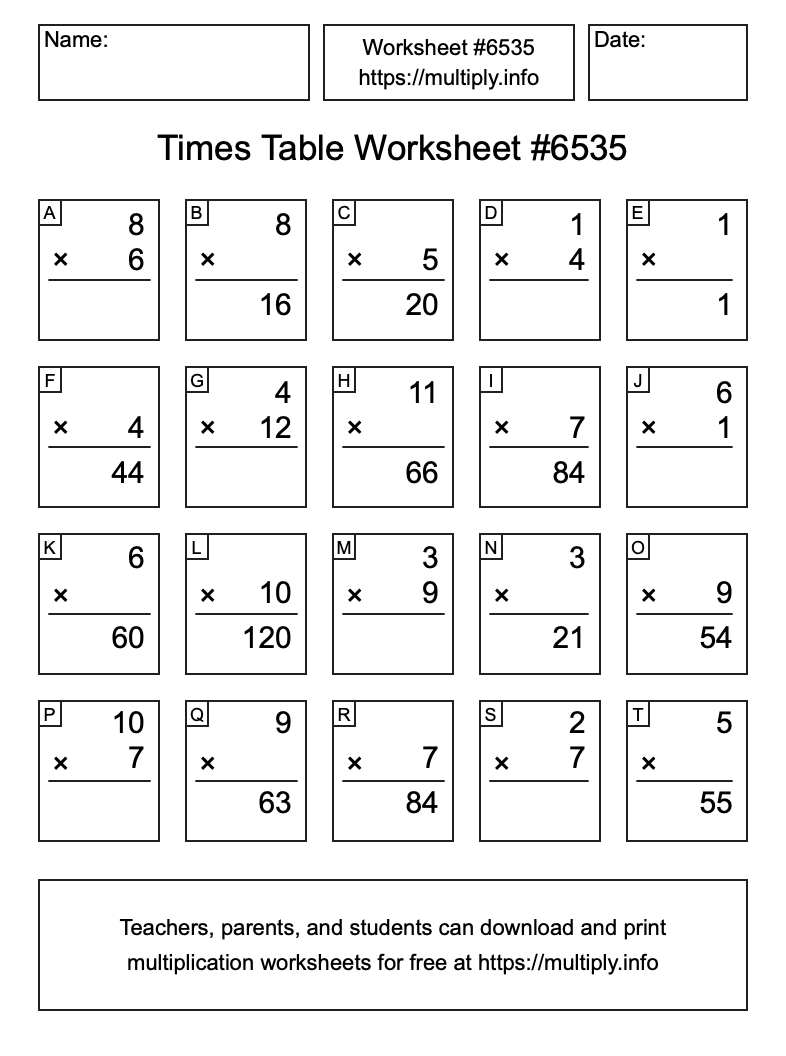Times Table Worksheet #6535