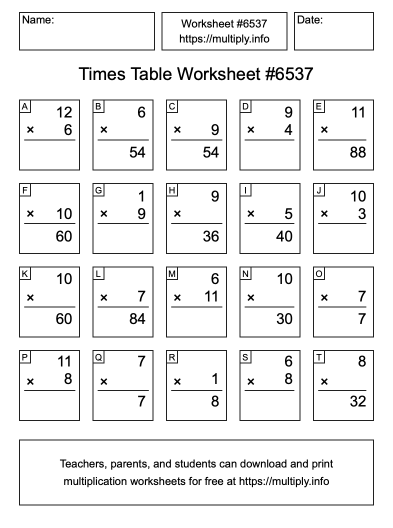 Times Table Worksheet #6537