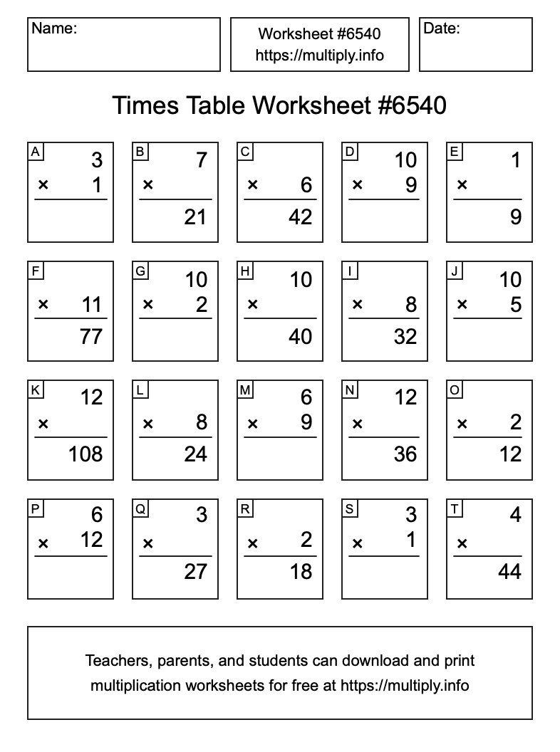 Times Table Worksheet #6540