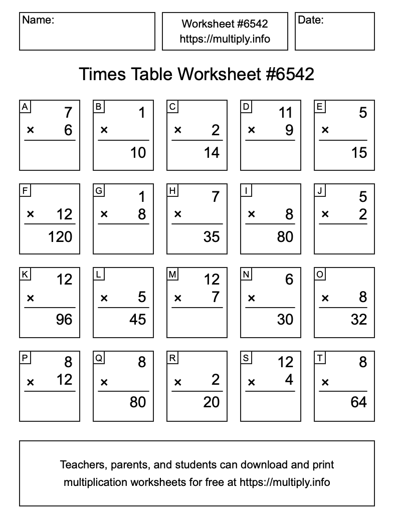 Times Table Worksheet #6542