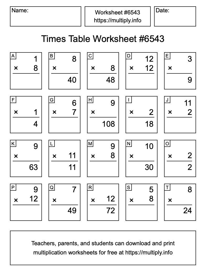 Times Table Worksheet #6543