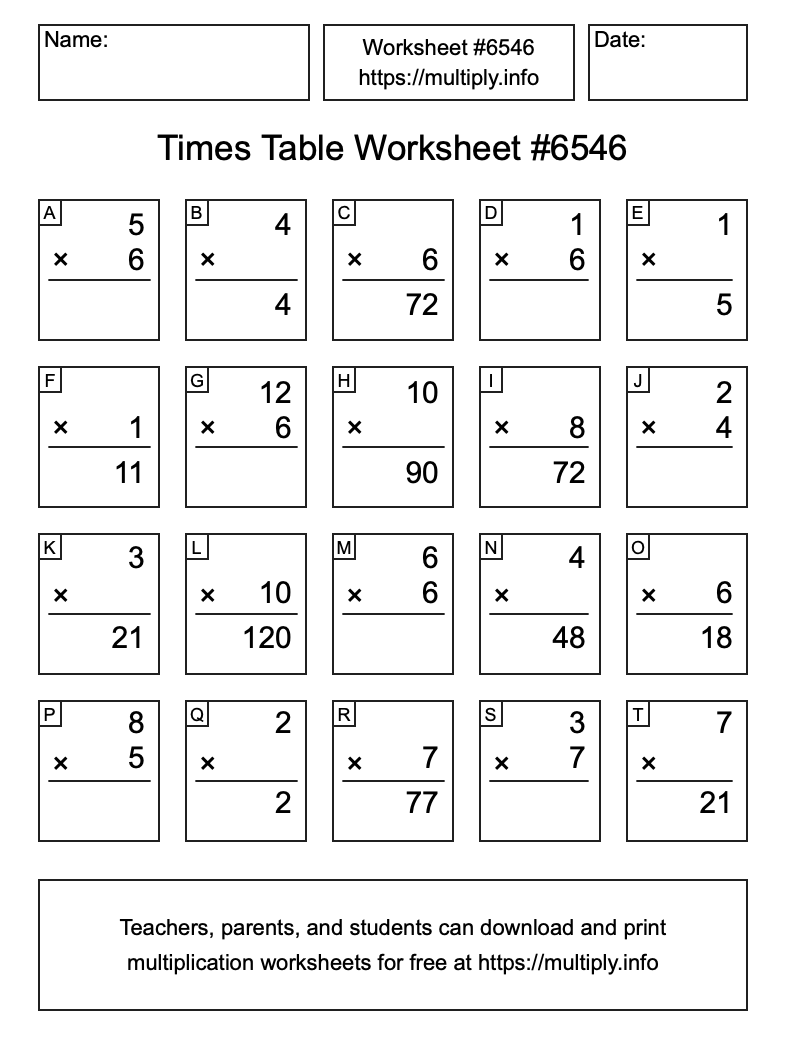 Times Table Worksheet #6546