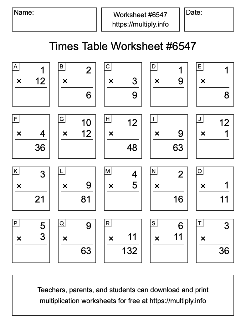 Times Table Worksheet #6547