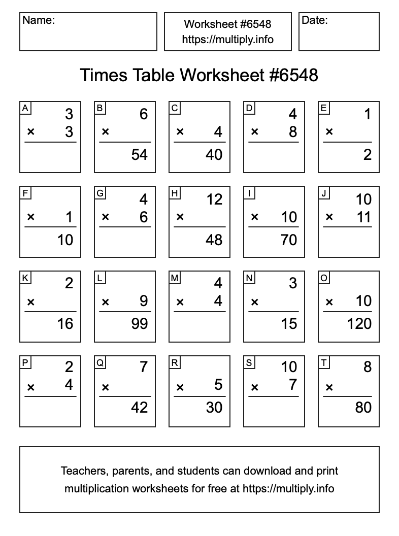 Times Table Worksheet #6548