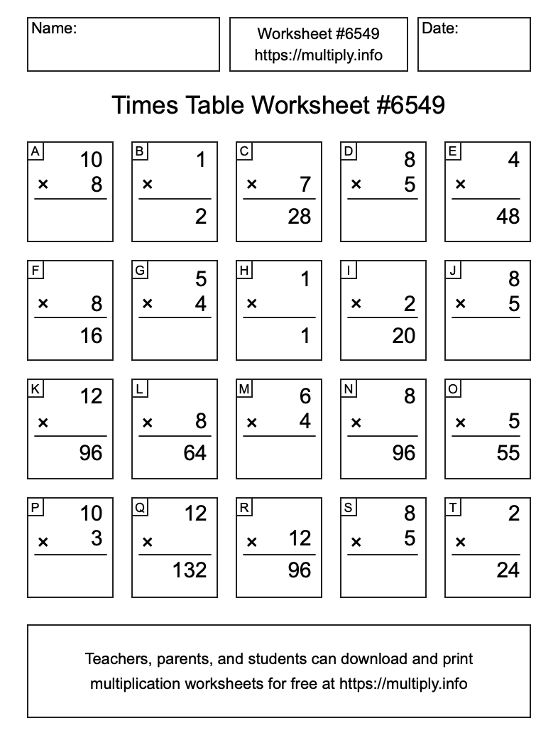 Times Table Worksheet #6549