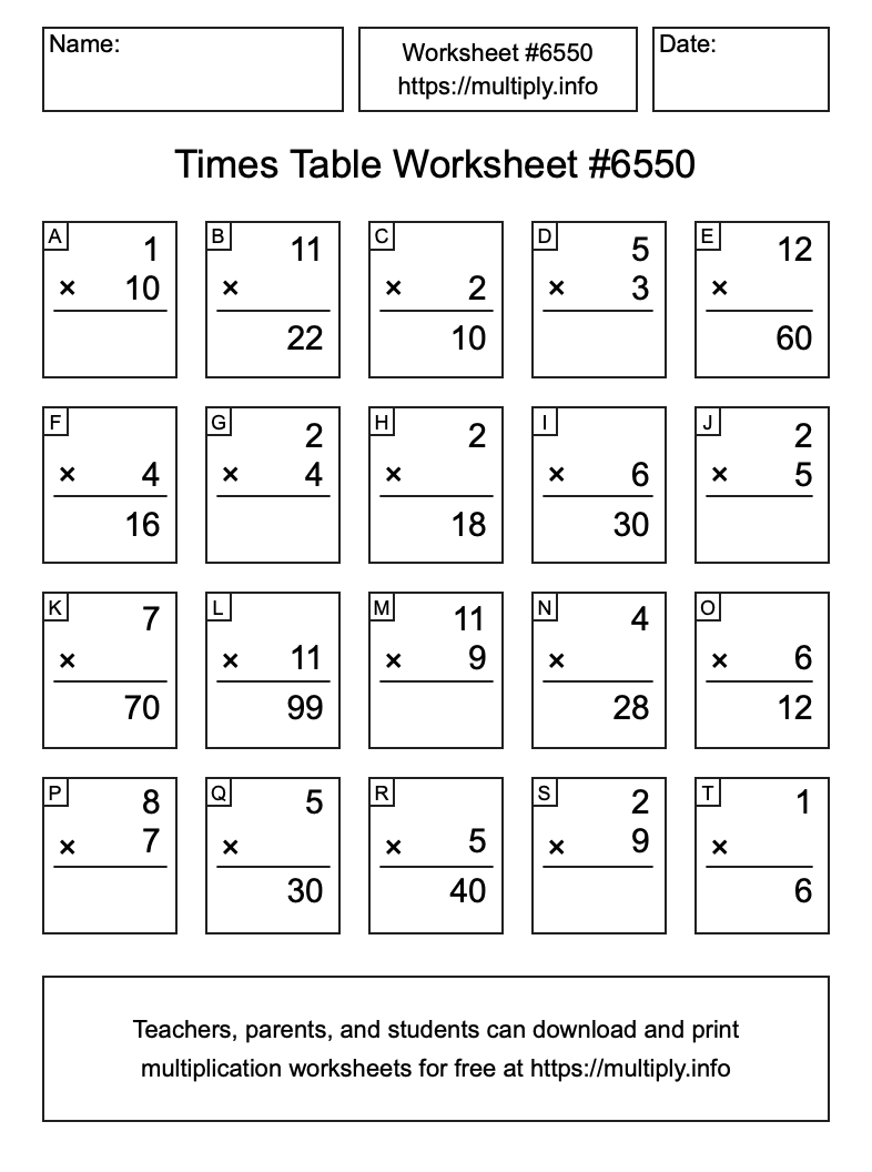 Times Table Worksheet #6550