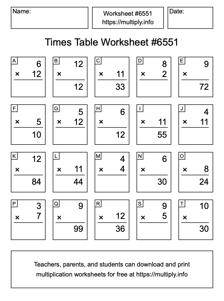 Times Table Worksheet #6551