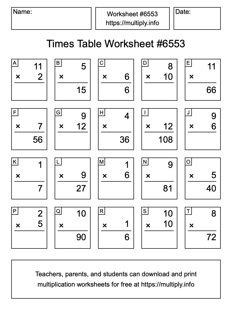 Times Table Worksheet #6553