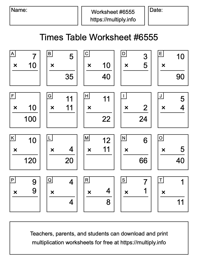 Times Table Worksheet #6555