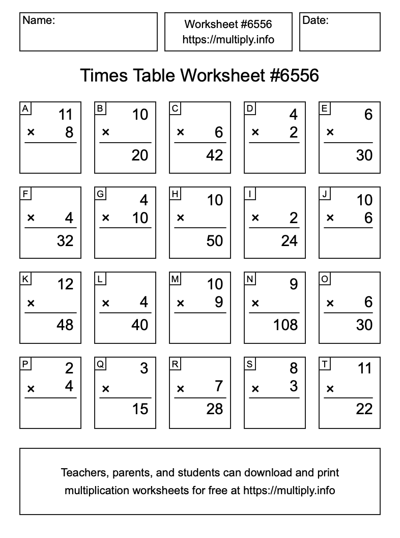 Times Table Worksheet #6556