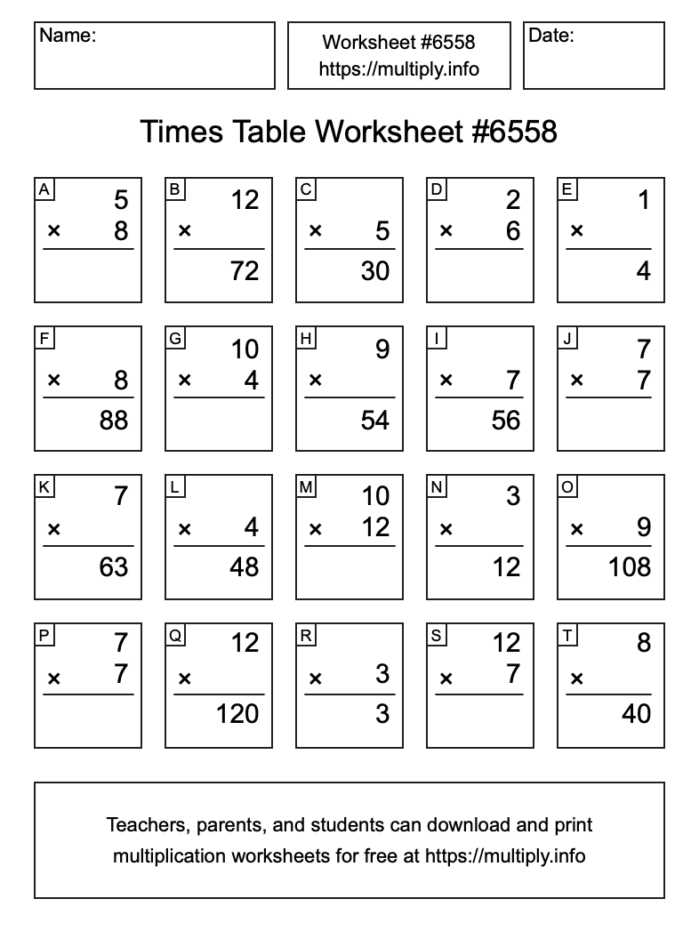 Times Table Worksheet #6558