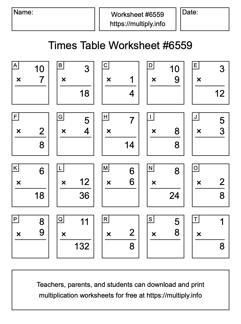 Times Table Worksheet #6559