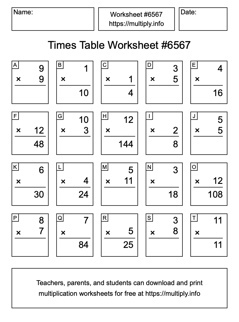 Times Table Worksheet #6567