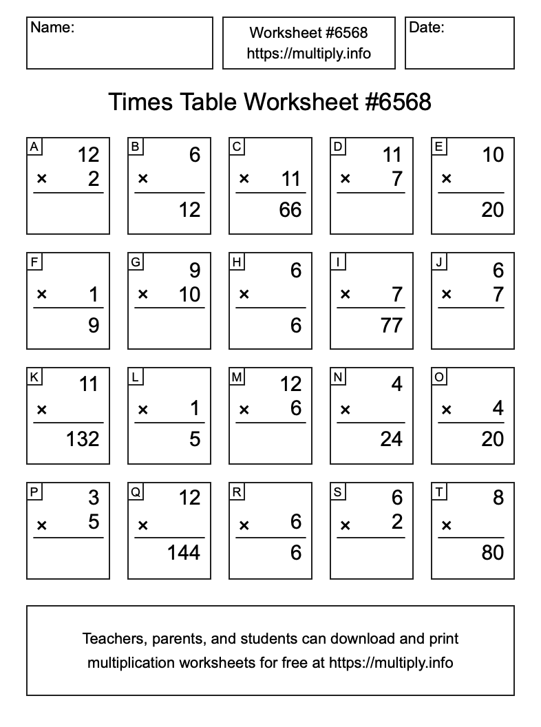 Times Table Worksheet #6568