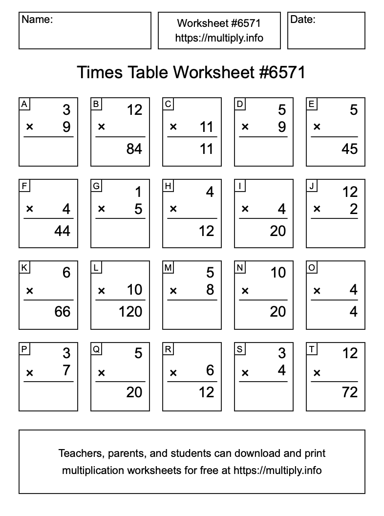 Times Table Worksheet #6571