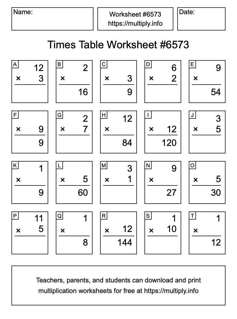 Times Table Worksheet #6573