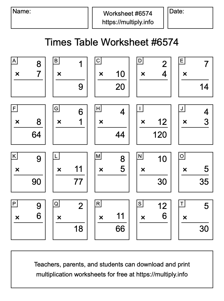 Times Table Worksheet #6574
