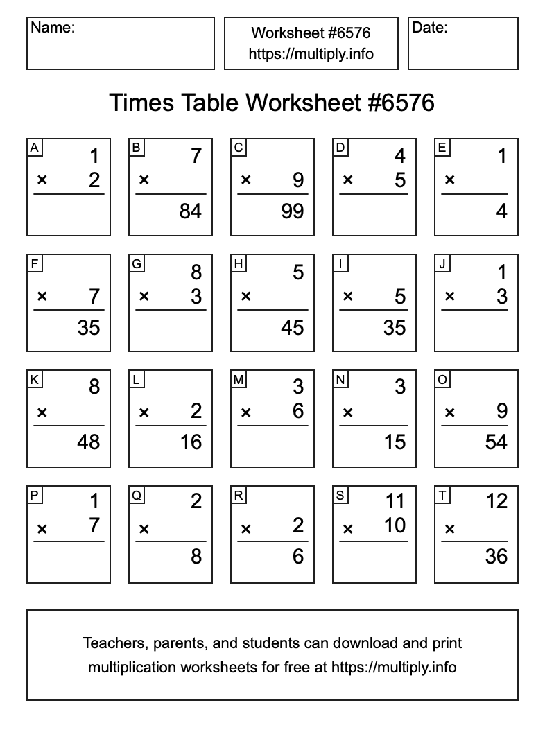 Times Table Worksheet #6576