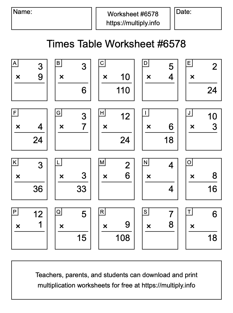Times Table Worksheet #6578