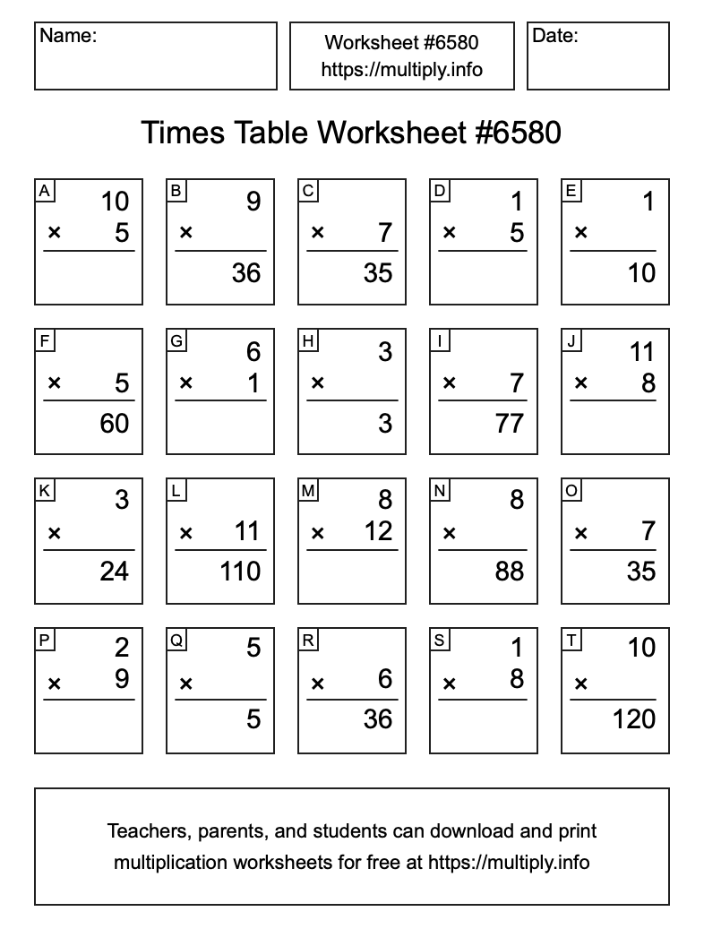 Times Table Worksheet #6580