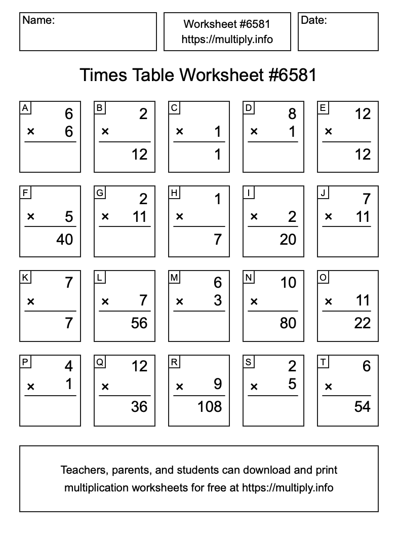 Times Table Worksheet #6581
