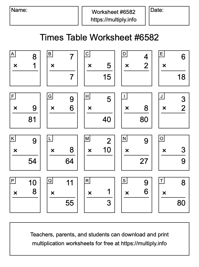 Times Table Worksheet #6582