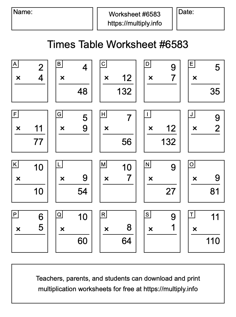 Times Table Worksheet #6583
