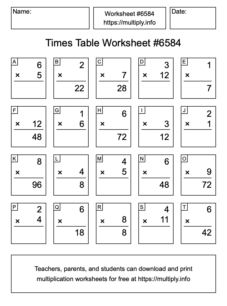 Times Table Worksheet #6584