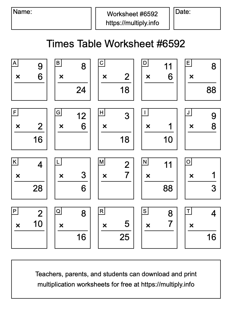 Times Table Worksheet #6592