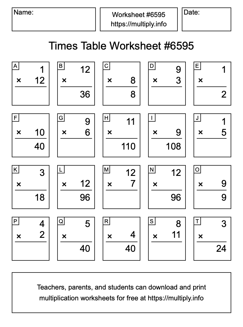 Times Table Worksheet #6595