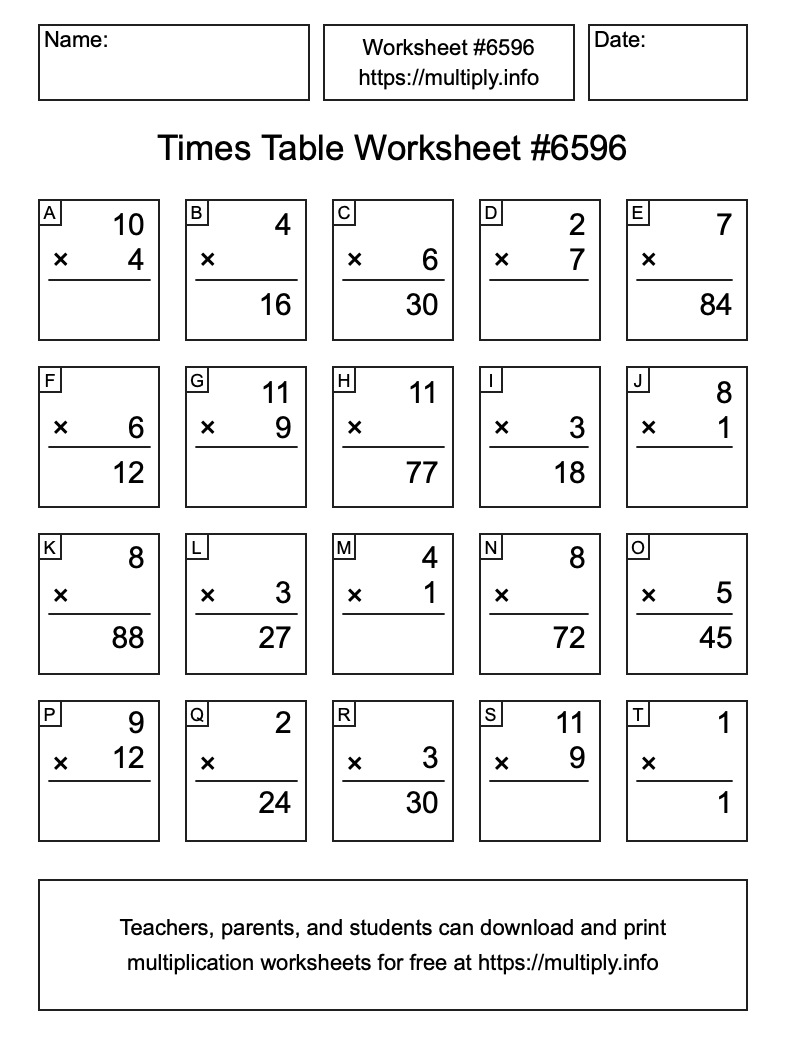 Times Table Worksheet #6596