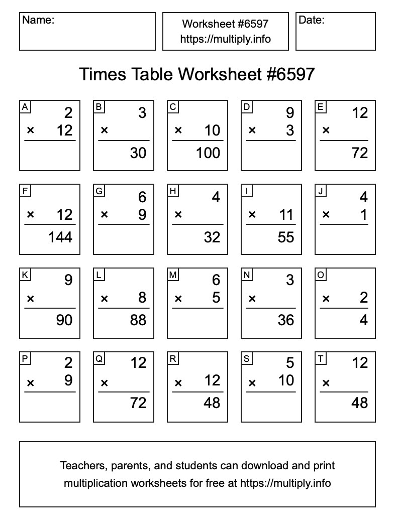 Times Table Worksheet #6597