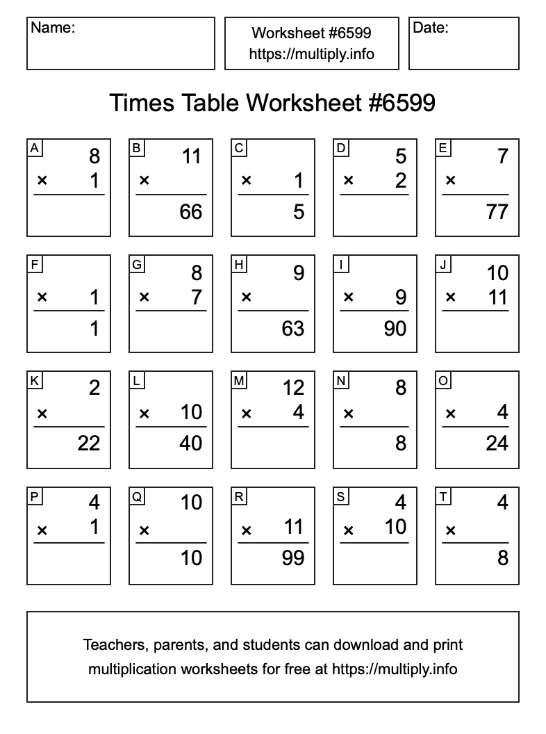 Times Table Worksheet #6599