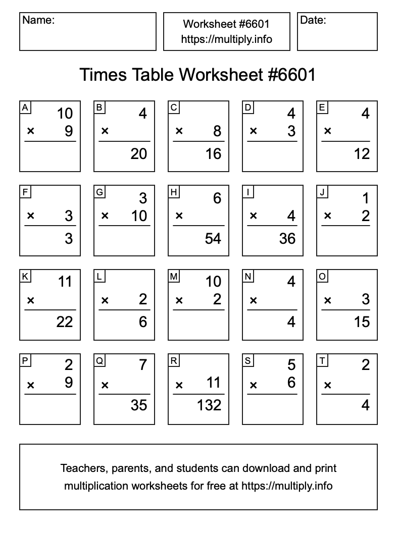 Times Table Worksheet #6601