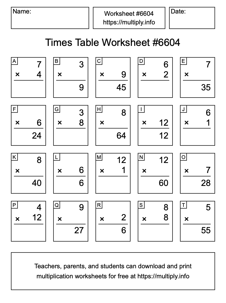 Times Table Worksheet #6604