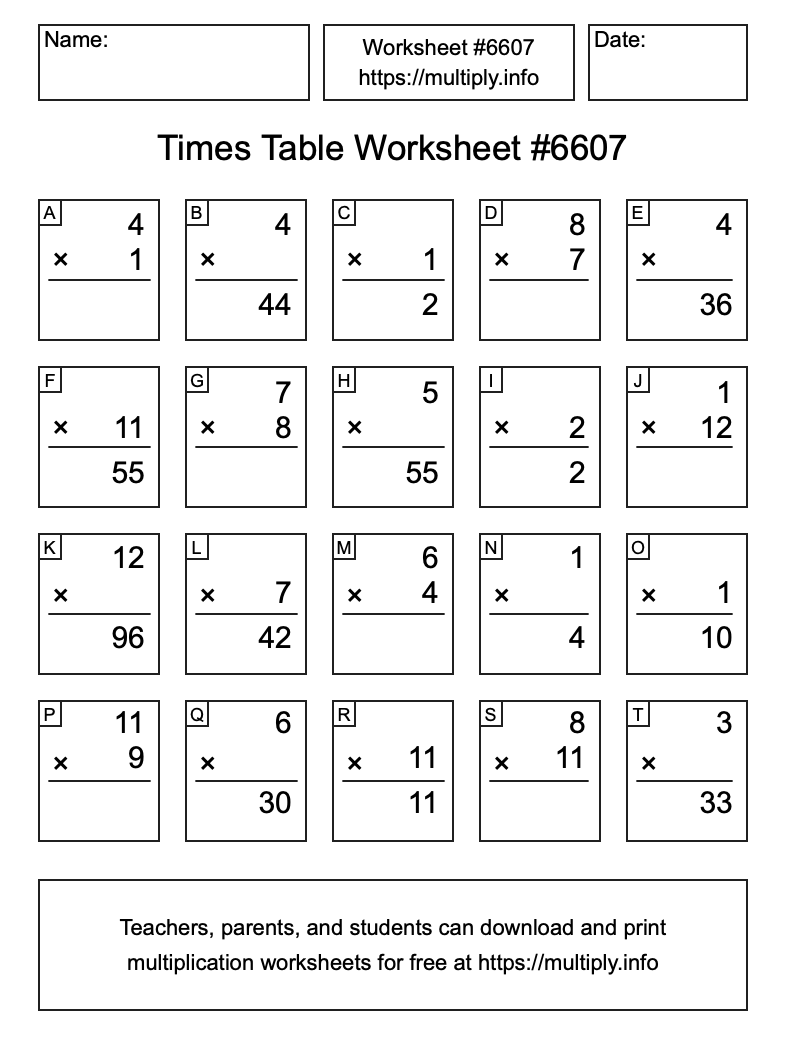 Times Table Worksheet #6607