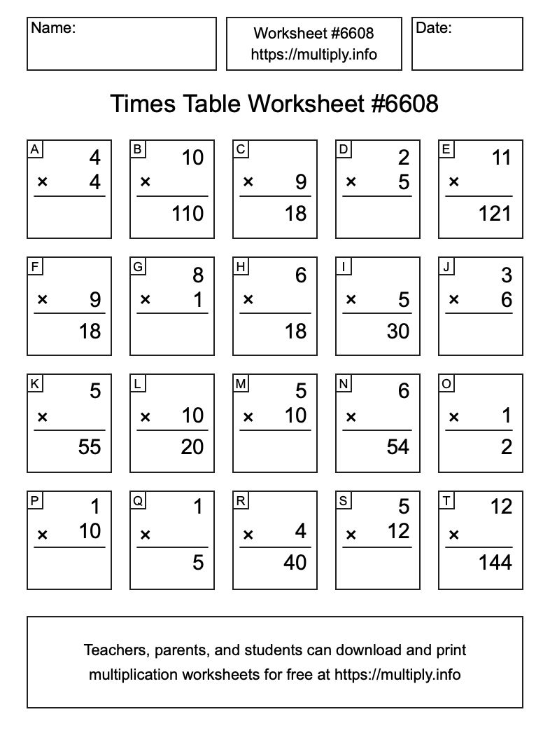 Times Table Worksheet #6608