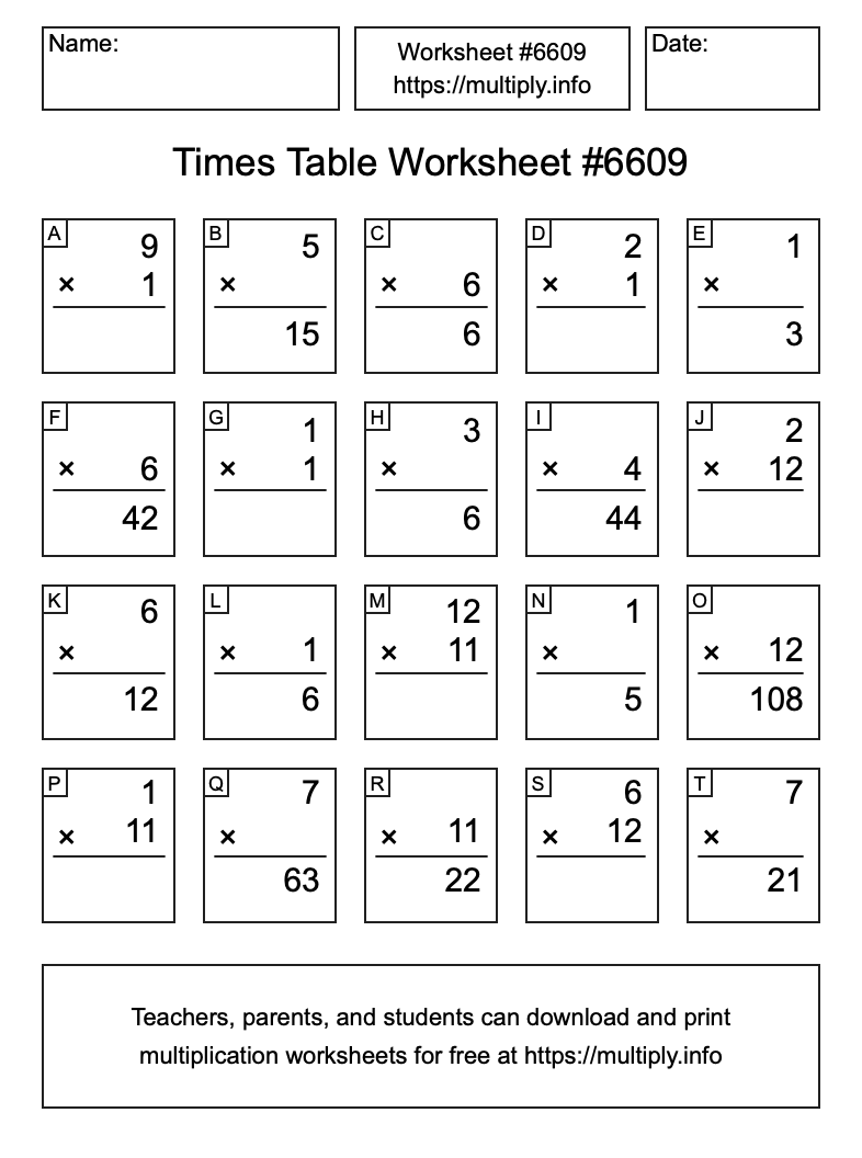 Times Table Worksheet #6609
