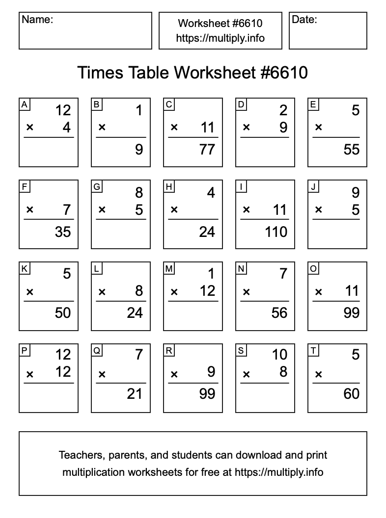 Times Table Worksheet #6610