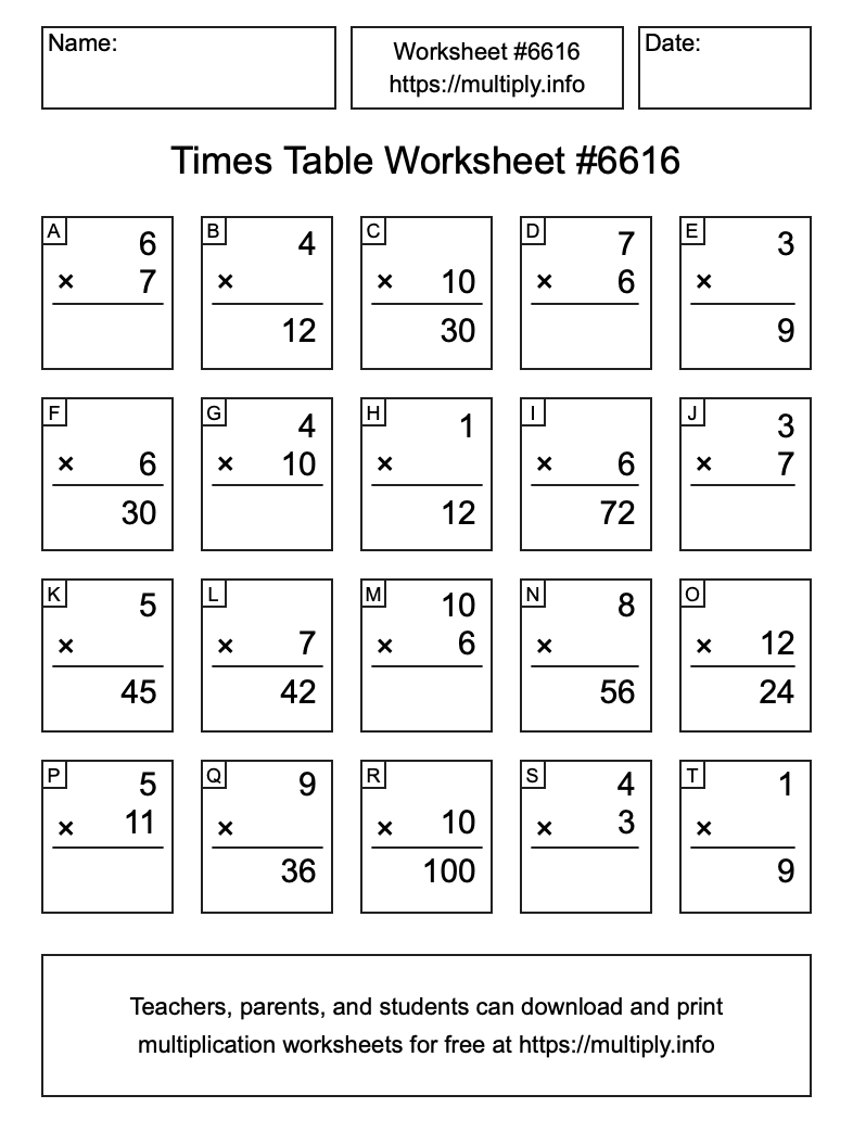 Times Table Worksheet #6616