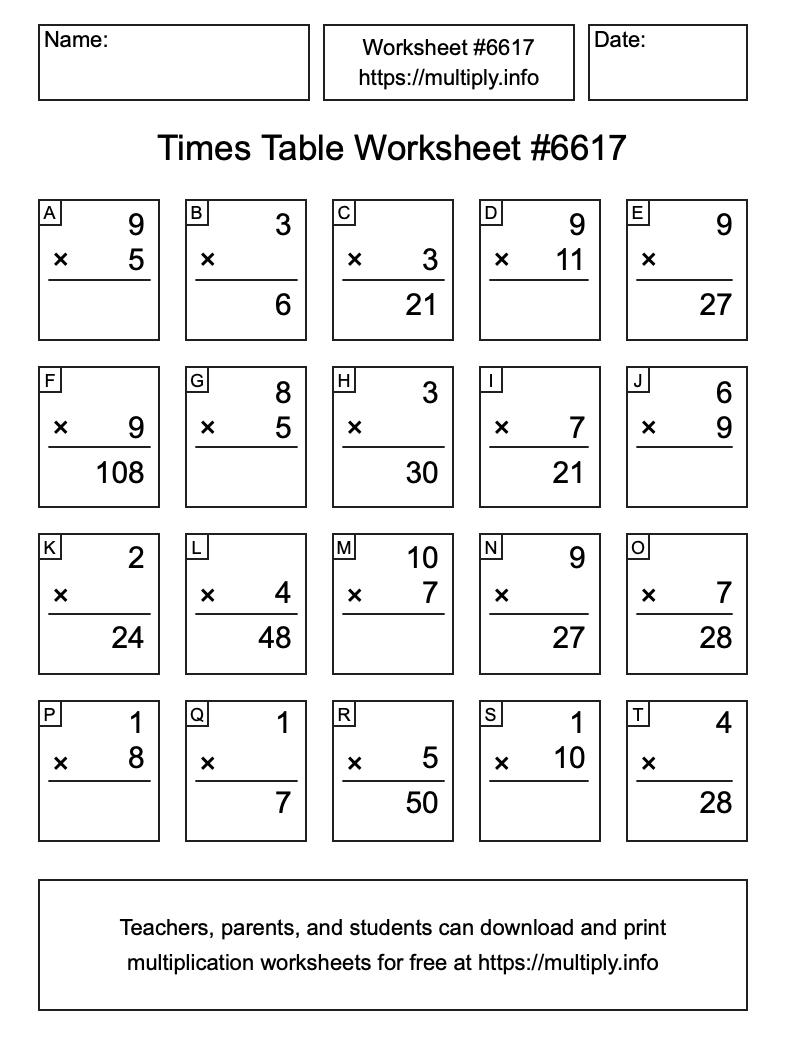 Times Table Worksheet #6617
