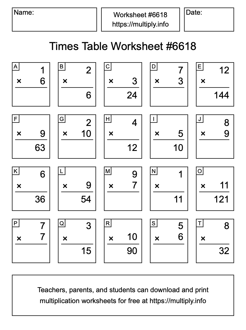 Times Table Worksheet #6618