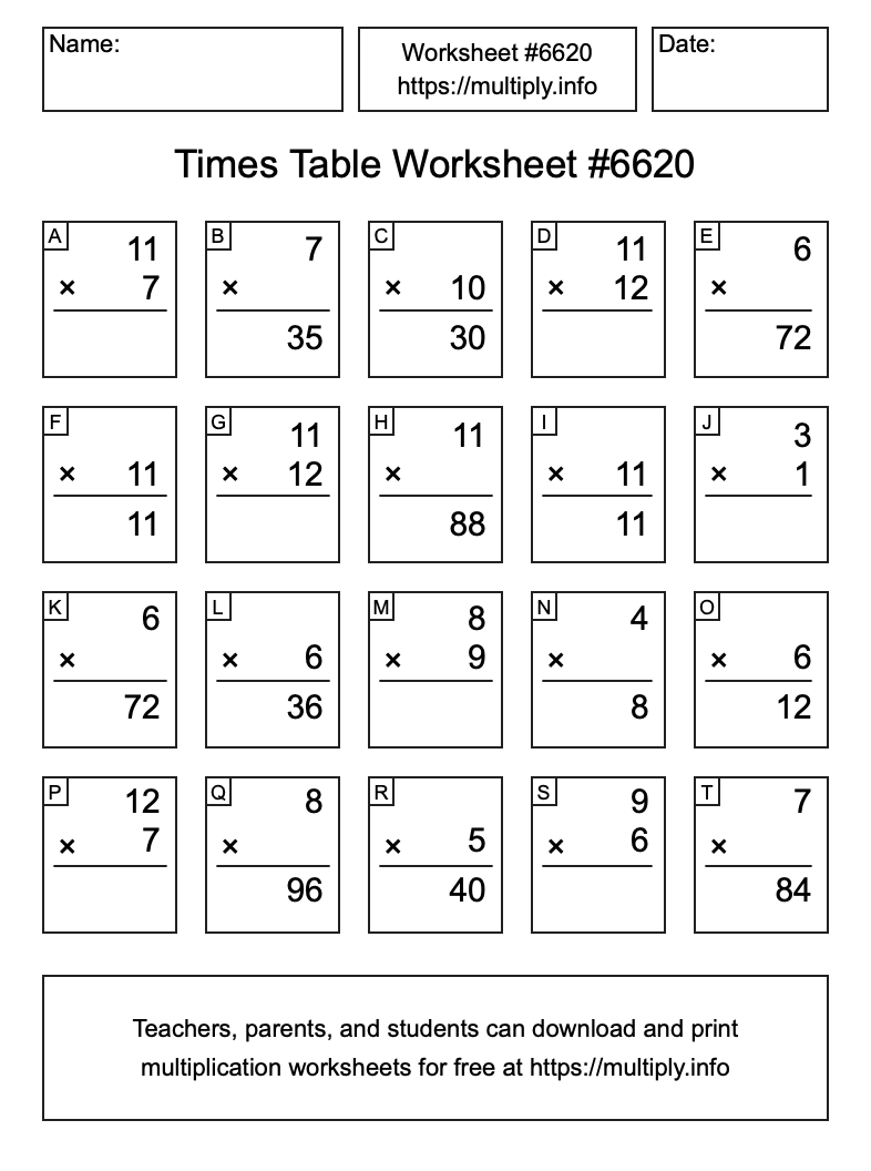 Times Table Worksheet #6620