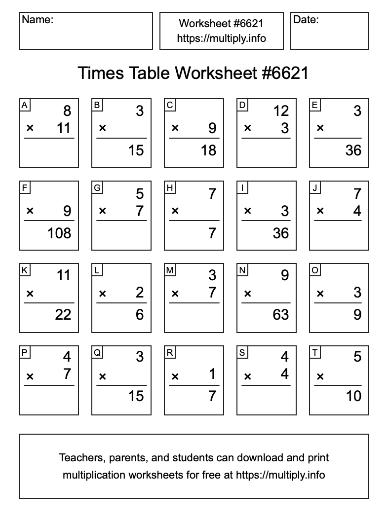 Times Table Worksheet #6621