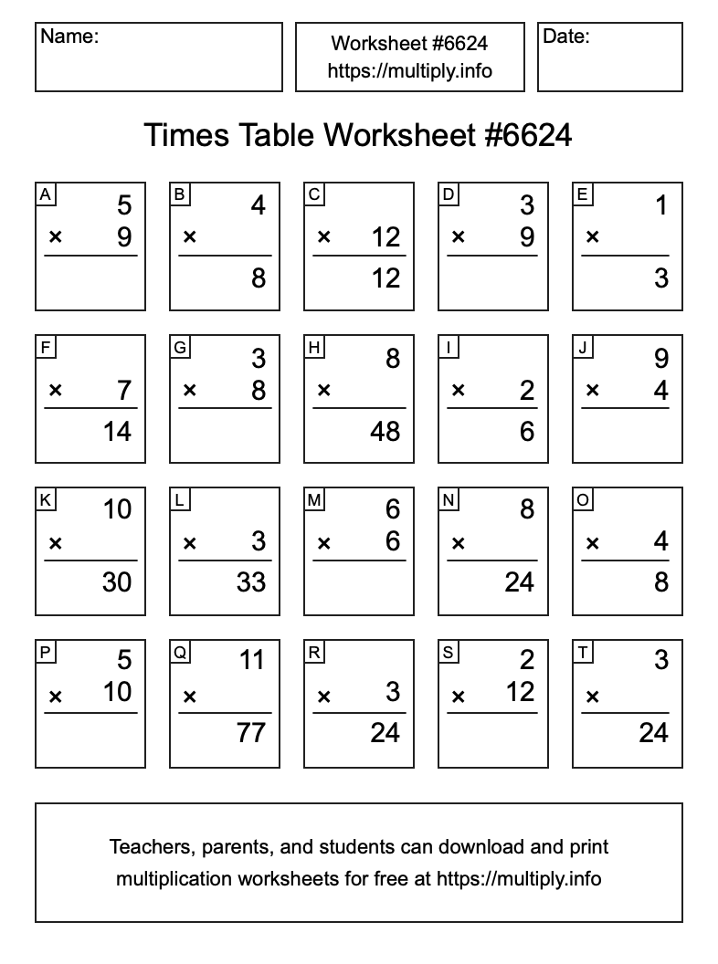 Times Table Worksheet #6624