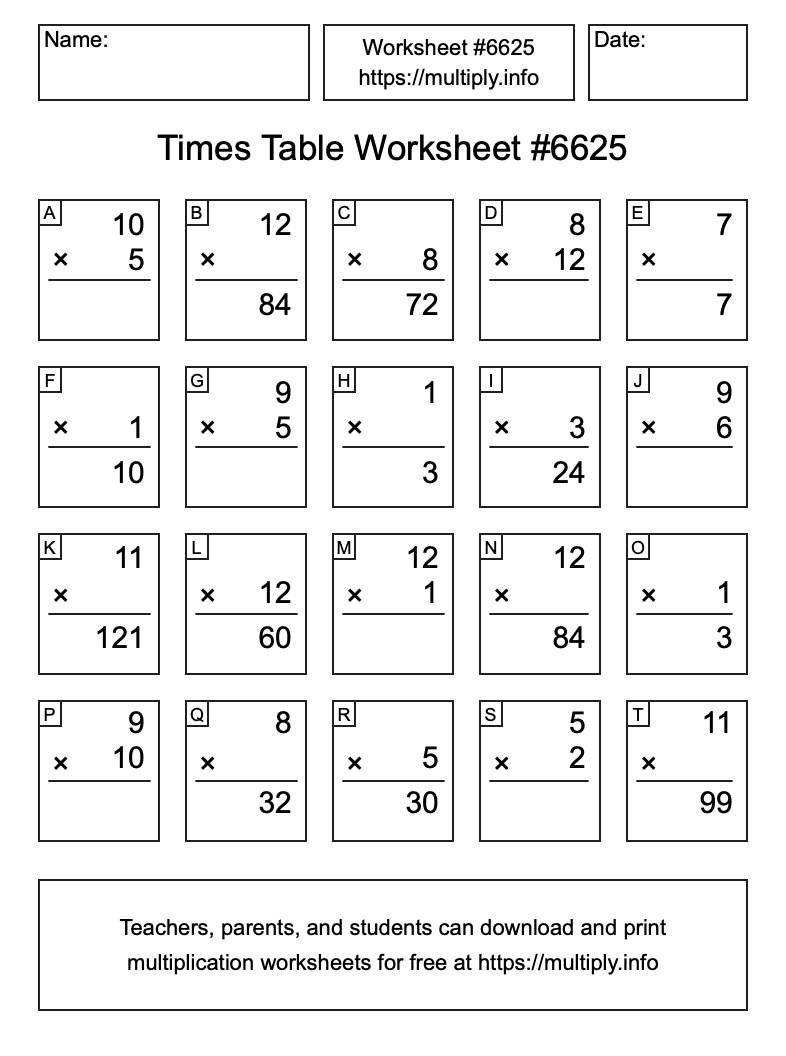 Times Table Worksheet #6625