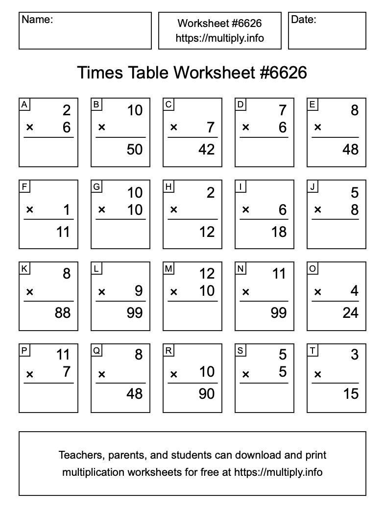 Times Table Worksheet #6626