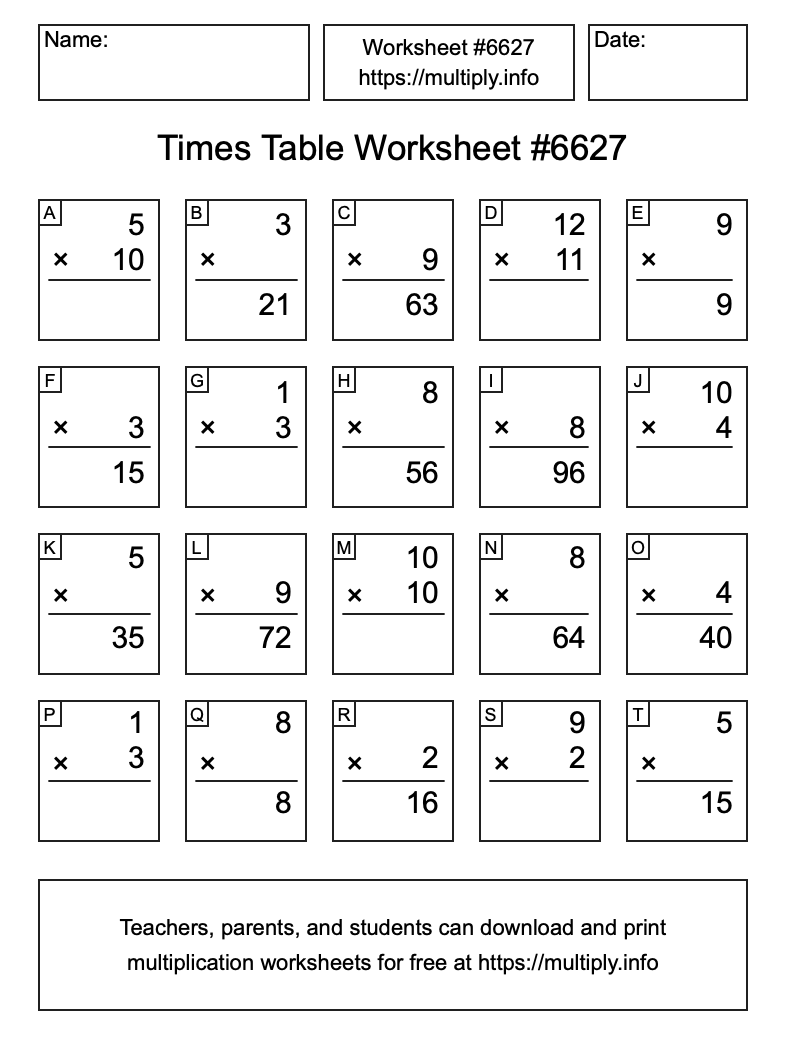 Times Table Worksheet #6627