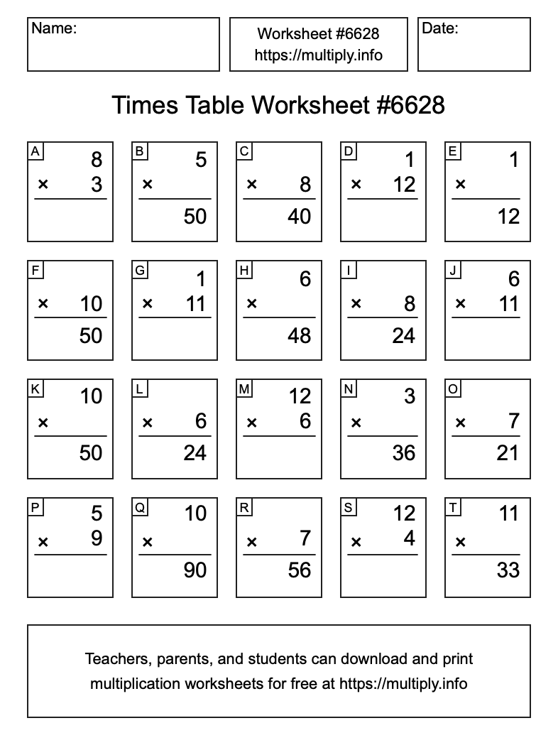 Times Table Worksheet #6628