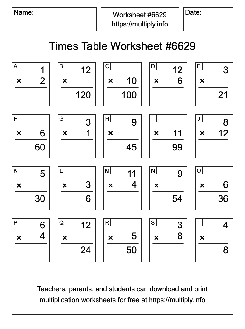 Times Table Worksheet #6629